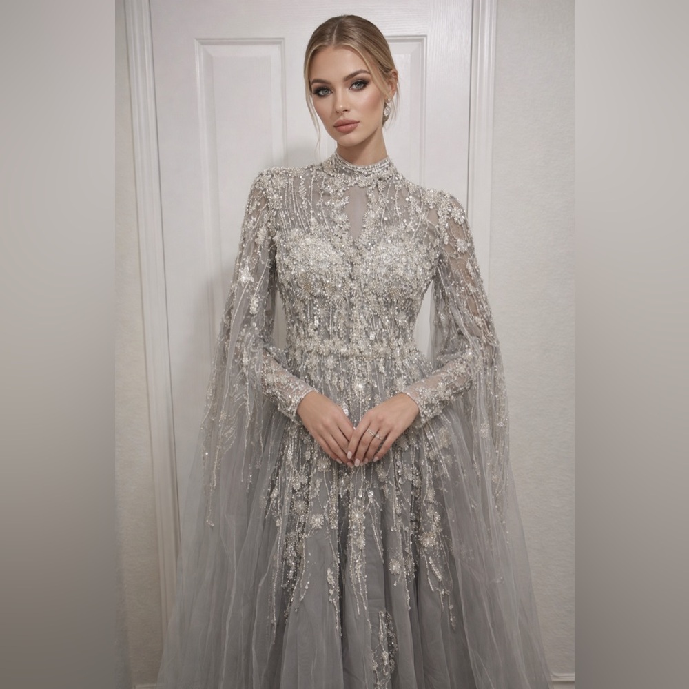 Azzure Couture Silver Embellished  Gown- Size 8-Beaded Tulle Evening Dress